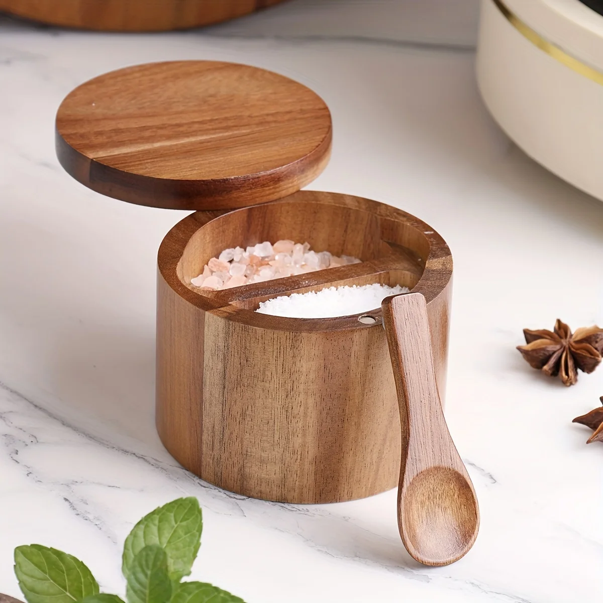 Acacia Wood Salt Jar with Spoo - Herb Keeper Bottle ulasan dan harga